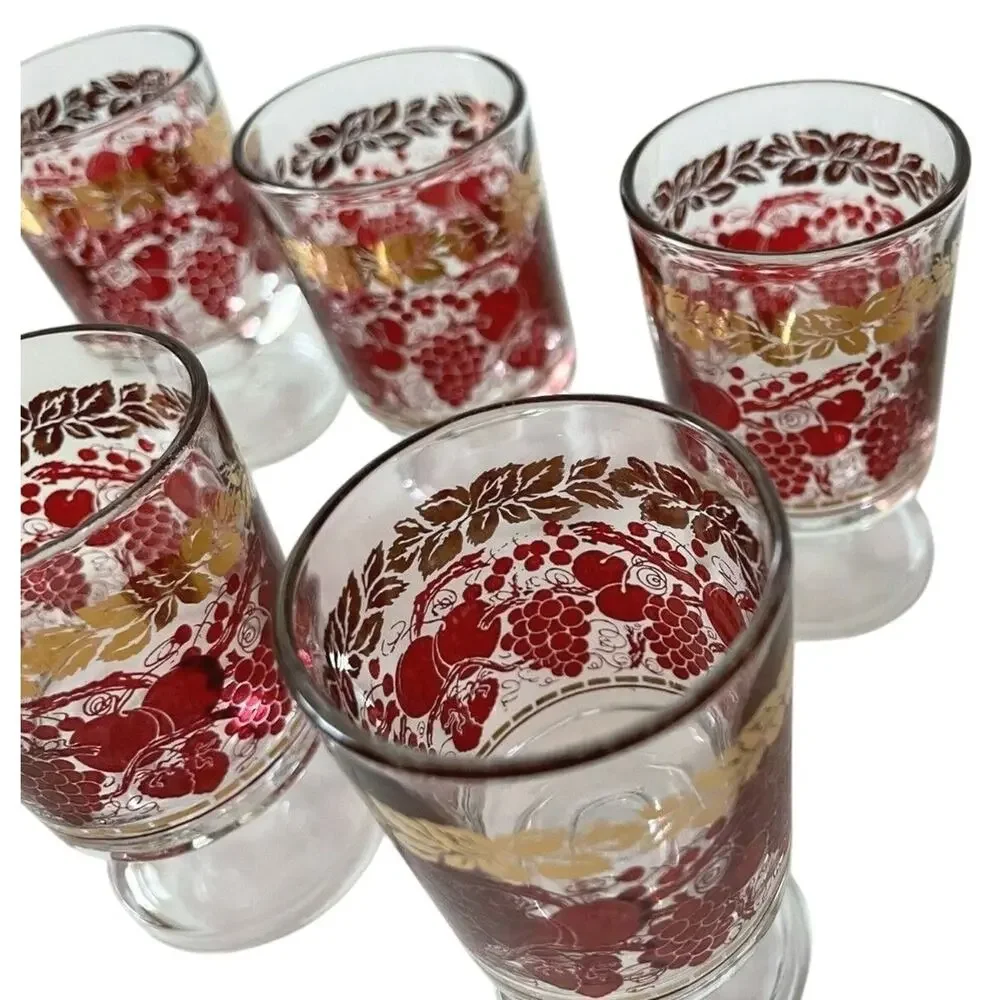 Vintage Red & Fold Motif Footed Glasses Set of 6 Retro Mid Century Barware Drink